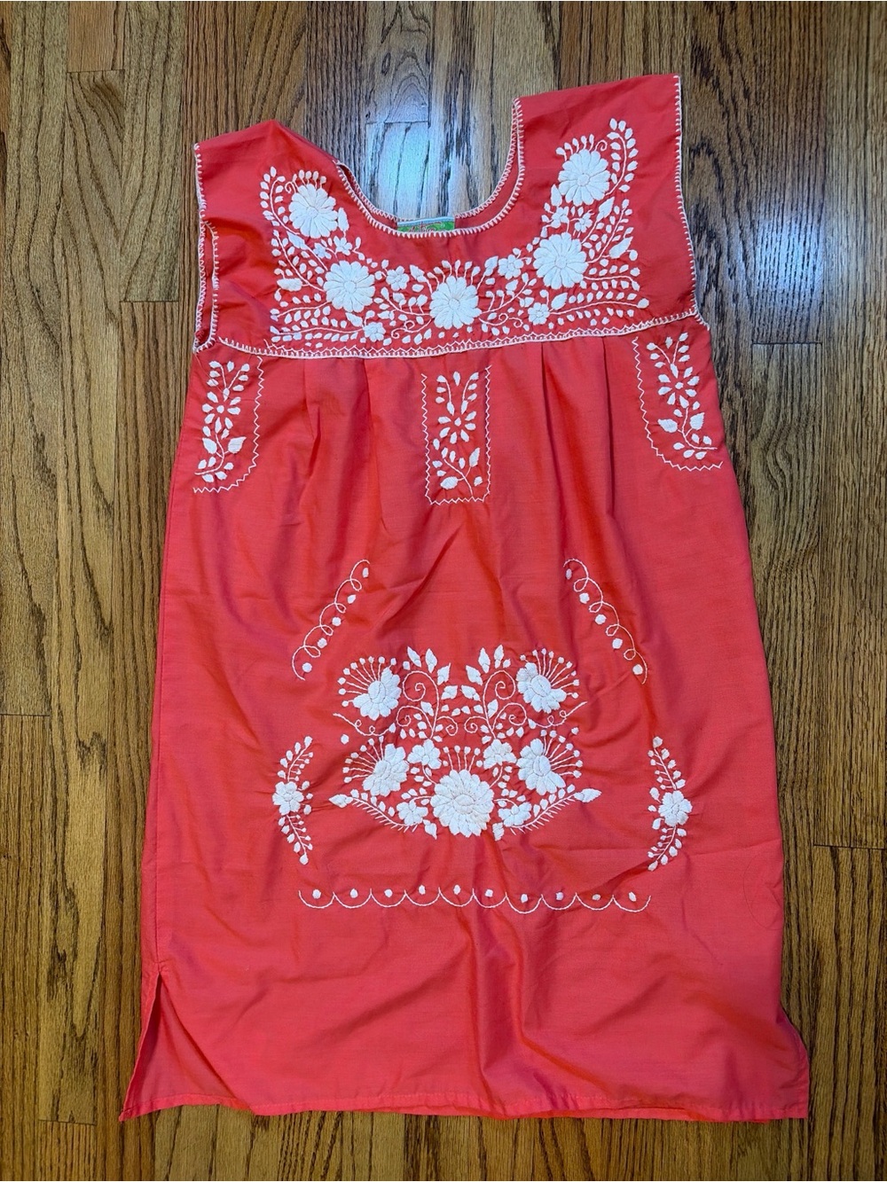 Nativa Pink Cotton Puebla Style Mexican Hand Embroidered Floral Shift Dress S/M